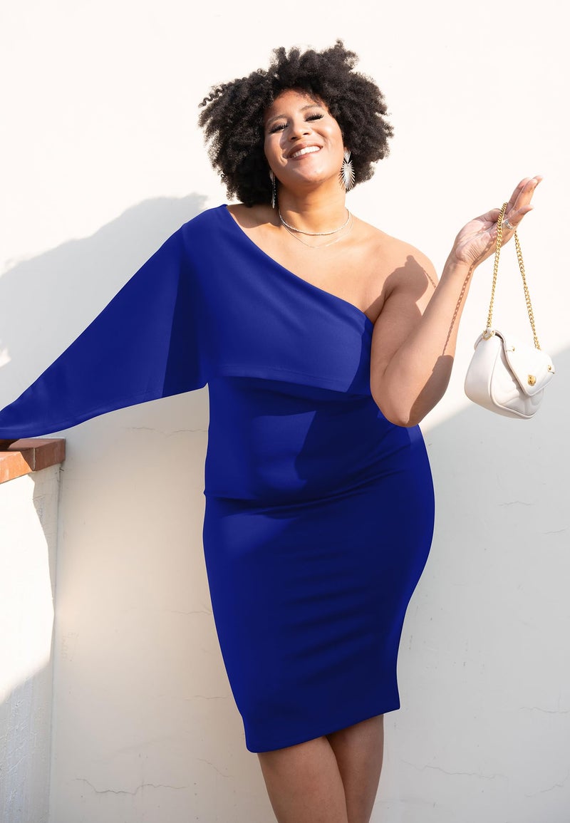 GOBLES Women's Summer Sexy One Shoulder Ruffle Bodycon Midi Cocktail Dress Royal Blue - Image 2